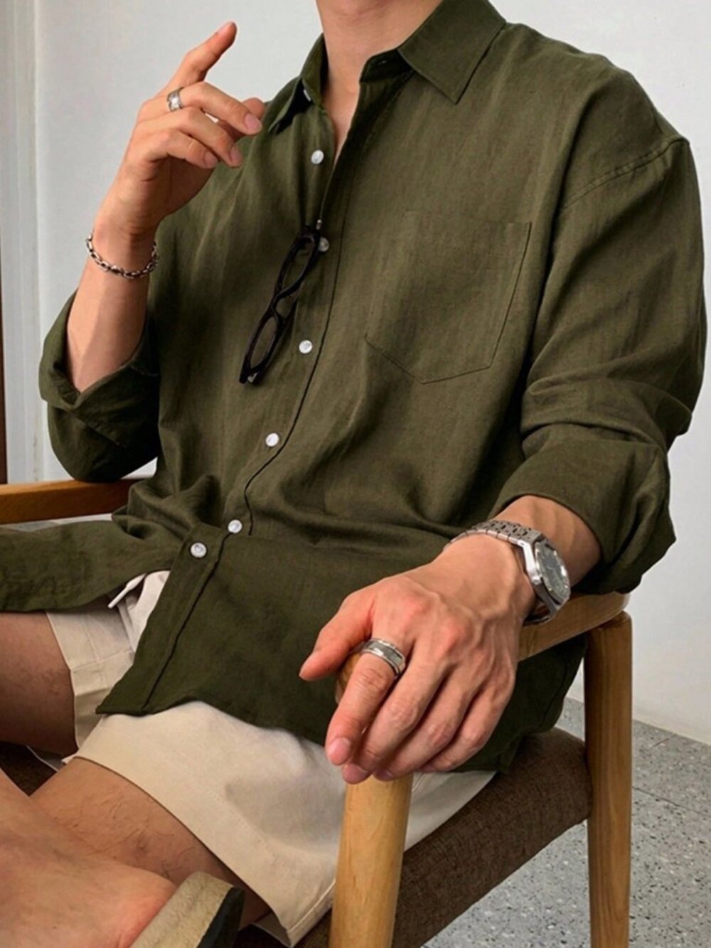 Army Green Casual Modern Casual Men's Long Sleeve Shirt